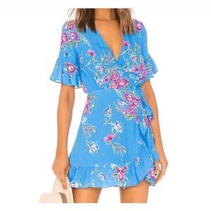 Privacy Please May Mini Wrap Dress Blue Floral Revolve Ruffles Side Tie Size XXS